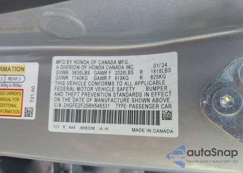 2024 Honda Civic Lx from USA, damaged, VIN 2HGFE2F25RH546531